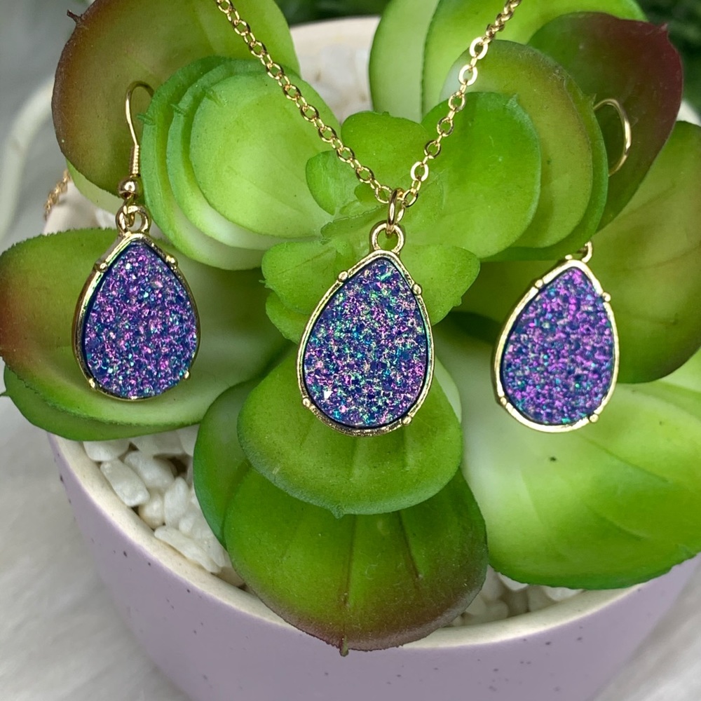Purple Glitter Resin Druzy Drop Pendant Earrings